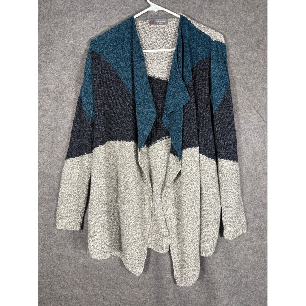 Genoa Sweaters Women Colorblock Wool Blend Open Front Cardigan Teal Navy Gray
